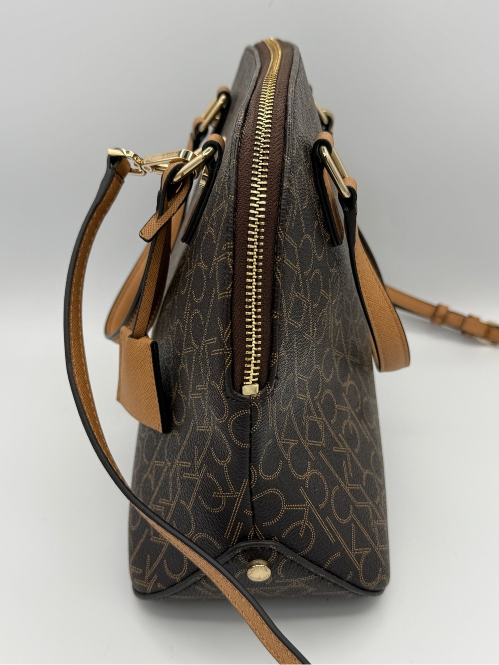 Calvin Klein Signature Dome Satchel- Brown Monogram Pattern with Tan Trim - Picture 4 of 14